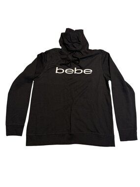 Bebe Sport Black Hoodie Sweatshirt Logo Print Drawstring Funnel Neck Size Large